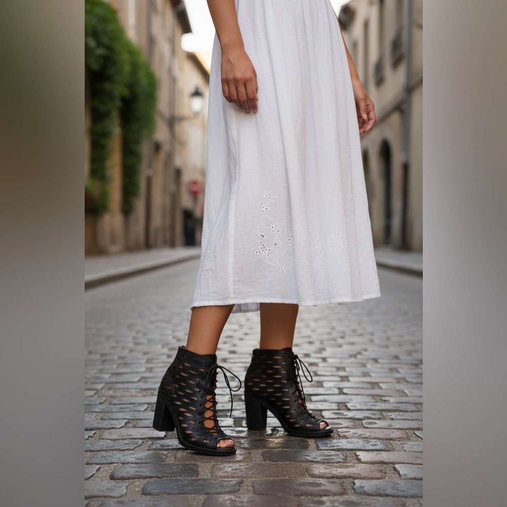 Jeffrey Campbell Ibiza Size 6.5 Booties Black Laser Cut Leather Heels